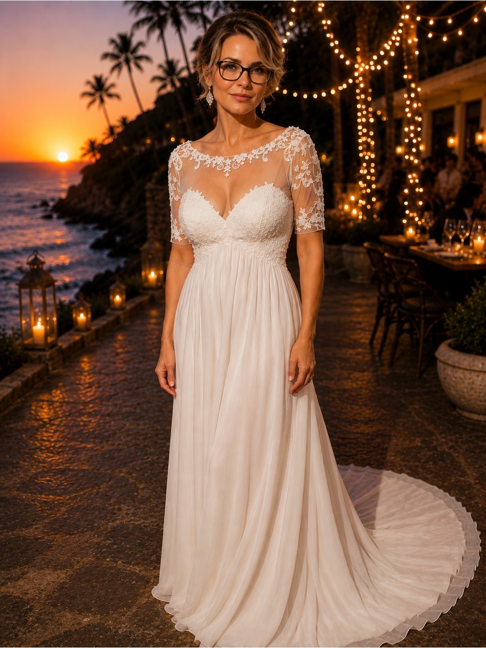 David's Bridal Ivory Lace A-Line Wedding Dress with Sheer Illusion Neckline